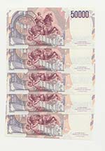 Lotto n.5 banconote consecutive 50mila lire ... 