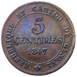 Svizzera - Ginevra - 5 Centimes - 1847 - Cu