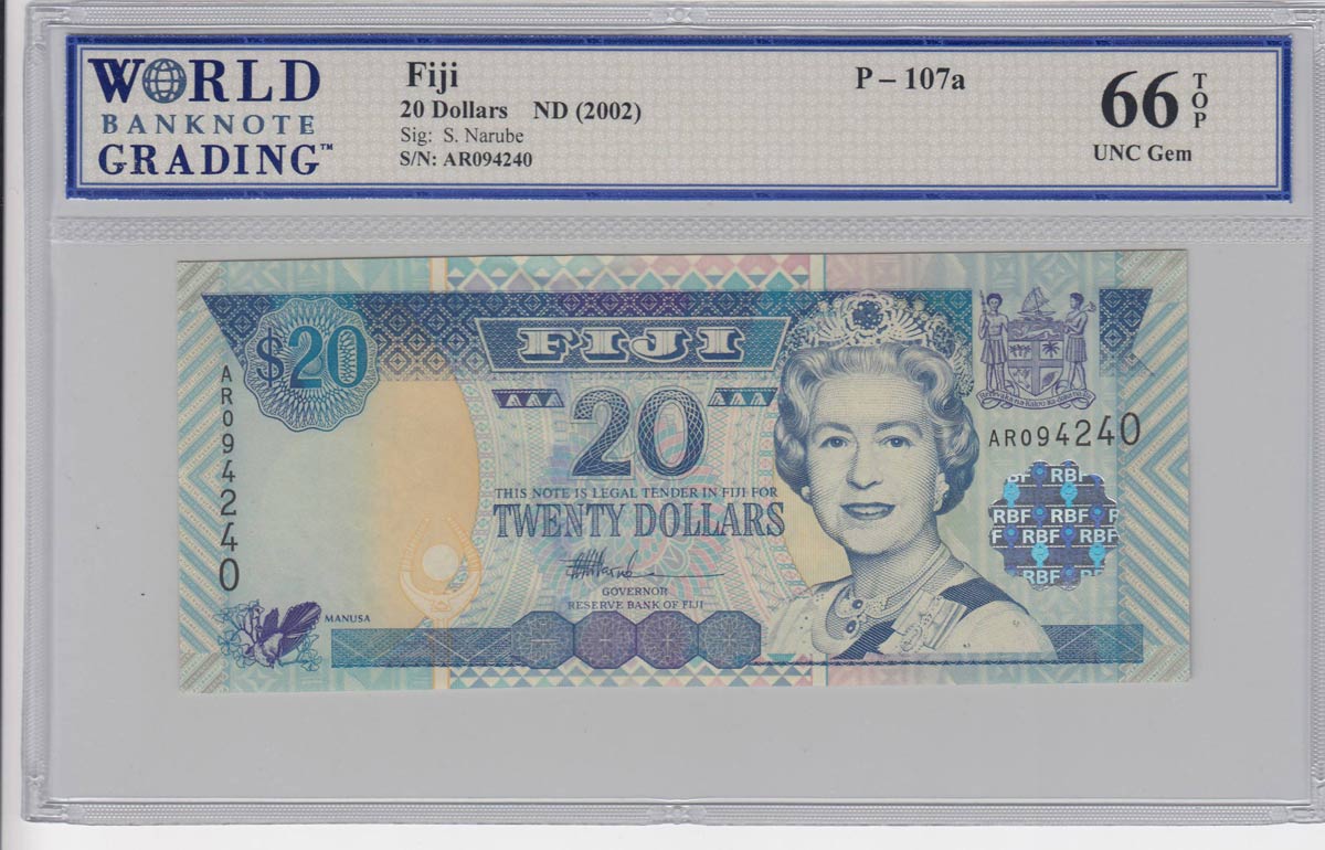 Fiji, 20 Dollars, 2002, UNC, p107a WBG 66 TOP - Green Apple Paper