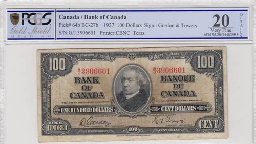 Canada, 100 Dolllars, 1937, VF, ... 