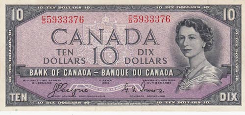 Canada, 10 Dollars, 1954, AUNC, ... 