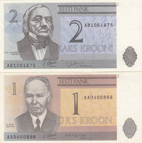 Estonia, 1 Kroon and 2 Kroon, ... 