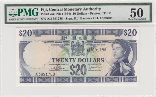 Fiji, 20 Dollars, 1974, AUNC, p75c