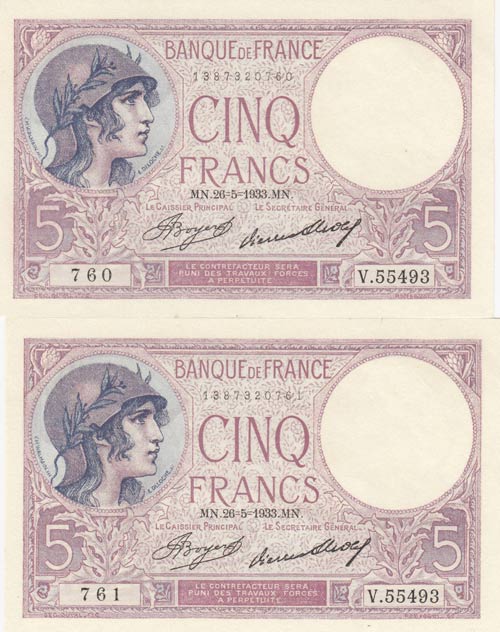 France, 5 francs, 1933, UNC, p72e, ... 