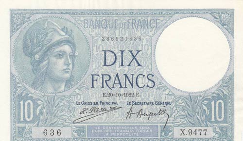 France, 10 Francs, 1922, AUNC, p73c