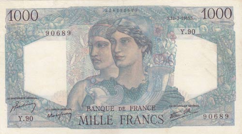 France, 1000 Francs, 1945, XF, ... 