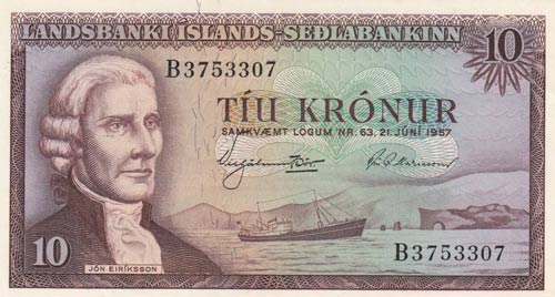 Iceland, 10 Kronur, 1957, UNC, p38