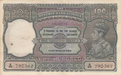 India, 100 Rupees, Calcutta, 1943, ... 