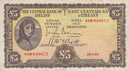 Ireland, 5 Pounds, 1953, VF, p58b2