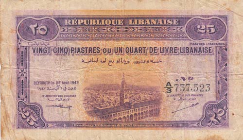 Lebanon, 25 Piastres, 1942, FINE, ... 