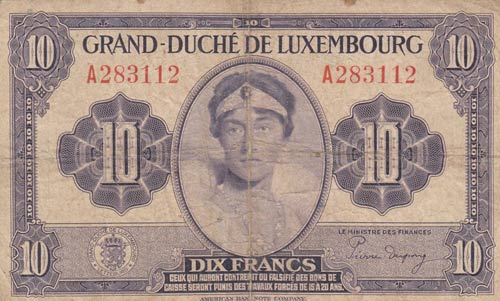 Luxembourg, 10 Francs, 1944, FINE, ... 