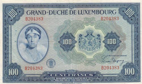 Luxembourg, 100 Francs, 1944, XF, ... 