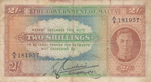 Malta, 2 Shillings, 1942, VF (-), ... 