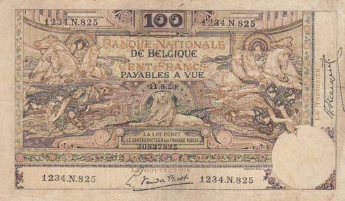 Belgium, 100 Francs, 1920, VF (+), ... 