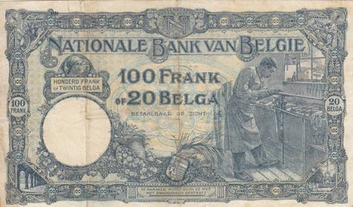 Belgium, 100 Francs or 20 Belgas, ... 