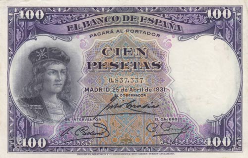 Spain, 100 Pesetas, 1931, AUNC ... 
