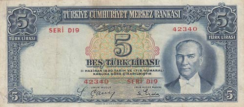Turkey, 5 Lira, 1937, FINE / VF, ... 