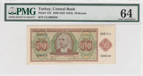 Turkey, 50 Kurush, 1944, UNC, p134