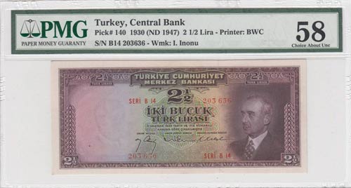 Turkey, 2 1/2 Lira, 1947, AUNC, ... 
