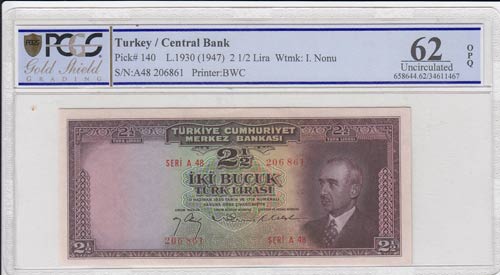 Turkey, 2,5 Lira, 1947, UNC, p140