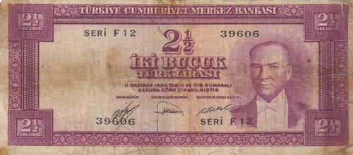 Turkey, 2 1/2 Lira, 1952, POOR, ... 