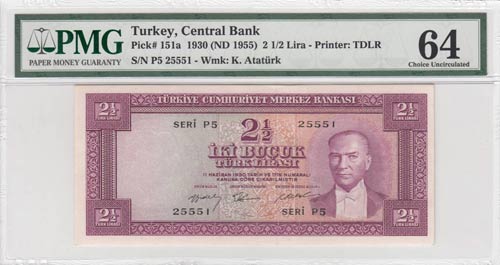 Turkey, 2 1/2 Lira, 1955, UNC, p151