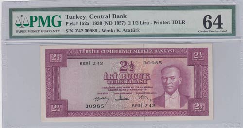 Turkey, 2 1/2 Lira, 1957, UNC, p152