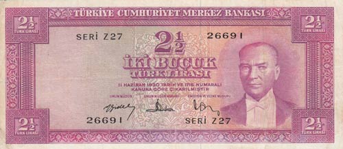 Turkey, 2 1/2 Lira, 1957, VF (+), ... 
