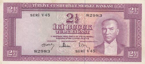 Turkey, 2 1/2 Lira, 1957, ÇOK ... 