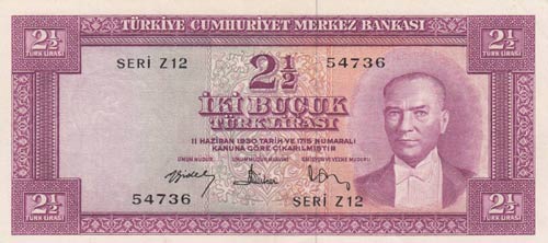 Turkey, 2 1/2 Lira, 1957, AUNC, ... 