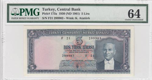 Turkey, 5 Lira, 1961, UNC, p173