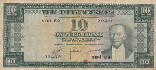 Turkey, 10 Lira, 1952, FINE / VF, ... 