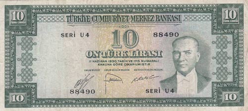 Turkey, 10 Lira, 1953, FINE, p157