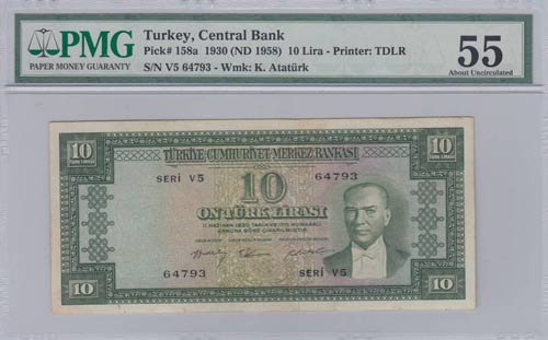 Turkey, 10 Lira, 1958, AUNC, p158