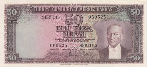 Turkey, 50 Lira, 1957, AUNC, p165