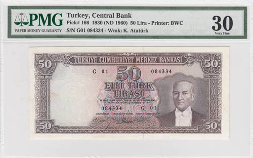 Turkey, 50 Lira, 1960, VF, p166