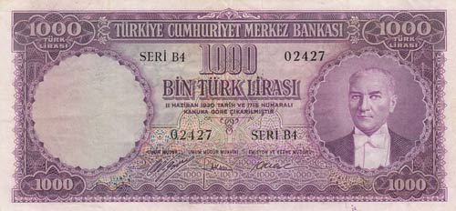Turkey, 1000 Lira, 1953, XF, p172