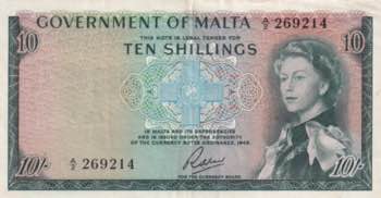 Malta, 10 Shillings, 1963, XF, p25a