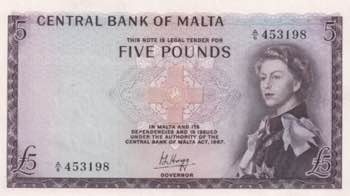 Malta, 5 Pounds, 1967, AUNC, p30a