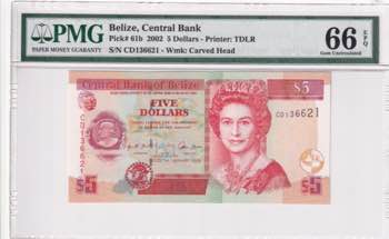 Belize, 5 Dollars, 2002, UNC, p61b