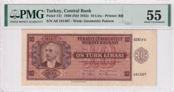 Turkey, 10 Lira, 1942, AUNC, p141, ... 