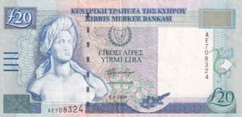 Cyprus, 20 Pounds, 2004, XF, p63c