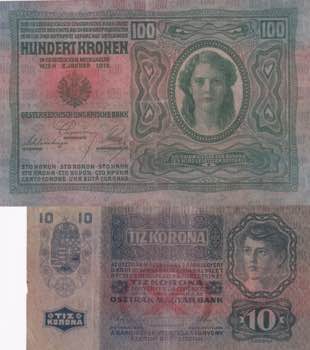 Austria, 10-100 Kronen, 1912/1915, ... 