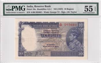 India, 10 Rupees, 1937, AUNC, p19a