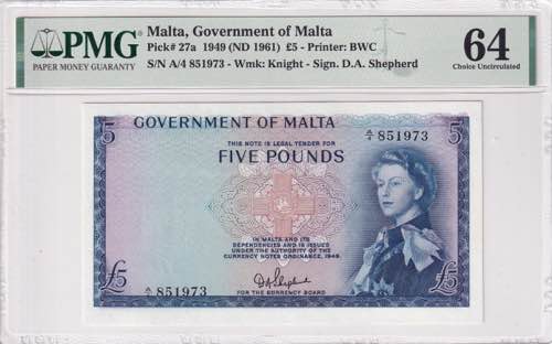 Malta, 5 Pounds, 1961, UNC, p27a