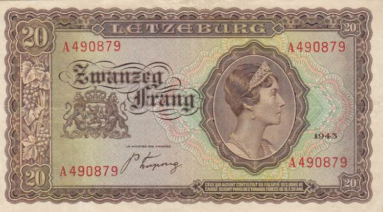 Luxembourg, 20 Frang, 1943, VF(+), ... 
