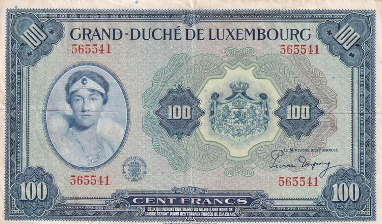 Luxembourg, 100 Francs, 1944, XF, ... 