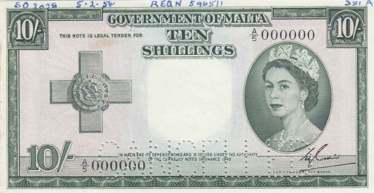 Malta, 10 Shillings, 1954, UNC, ... 