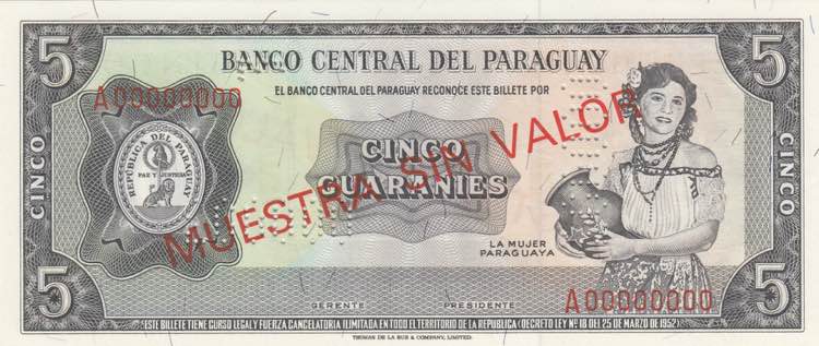 Paraguay, 5 Guaraníes, 1952, UNC, ... 