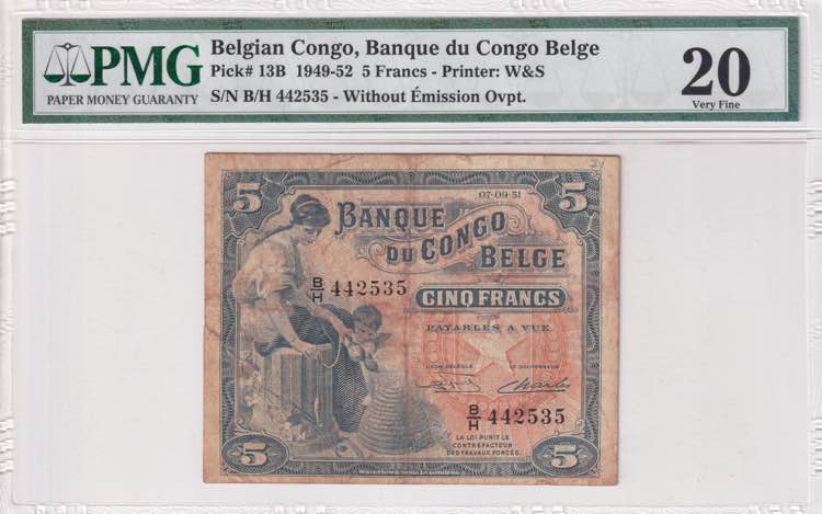 Belgian Congo, 5 Francs, 1951, VF, ... 